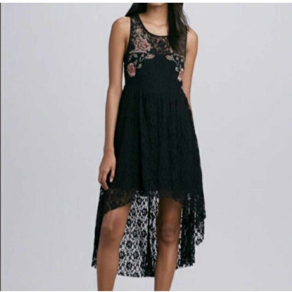 Free People Black Whimsygoth Embroidered Babydoll Dress High Low Hem Size Small